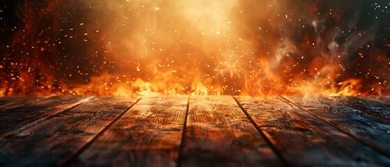 Fototapeta premium An empty wooden surface stands before an intense, blazing fire with sparks flying, suggesting a sense of anticipation copy space for text , sunshine