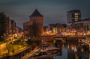 night view of the Gdansk town and motlawa river