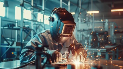welder wearing the helmet in working action