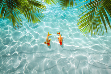 Two goldfish swimming in clear turquoise water under palm leaves shadows