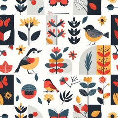 Fototapeta premium Modern Geometric Nature Icons Seamless Pattern