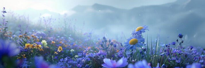 A field of flowers with a single purple flower in the middle