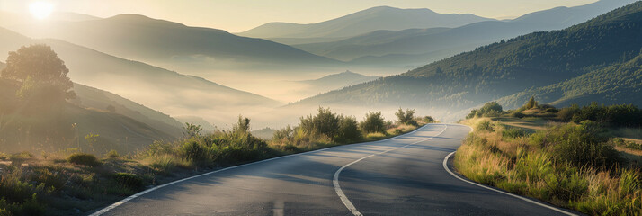 A road with view on the mountains, empty outdoor scenery with horizon visible