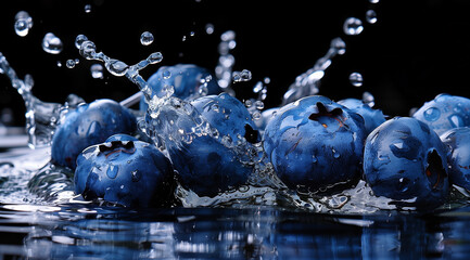 Blueberries splashing with water and a black background, background concept. Generative AI.