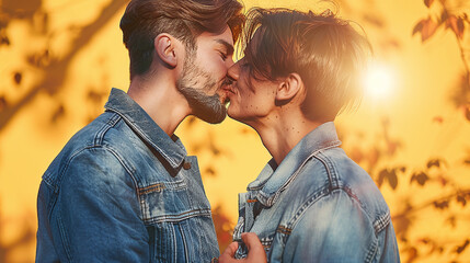 gay couple kissing wearing blue jens shirt against yellow background