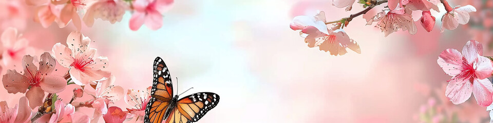 banner background with frame of blossoms on twigs and butterflies in tender orange colors and text space in the center