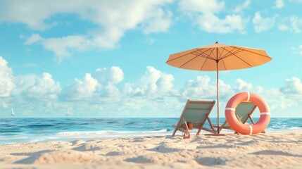 Beach umbrella with chairs, inflatable ring on beach sand.