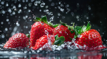 Strawberries splashing with water and a black background, background concept. Generative AI.