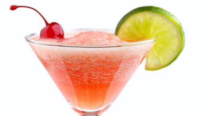 Refreshing Pink Cocktail with Bubbly Foam Cherry and Lime Slice