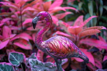 A pink flamingo lawn ornament standing in a lush pink garden.