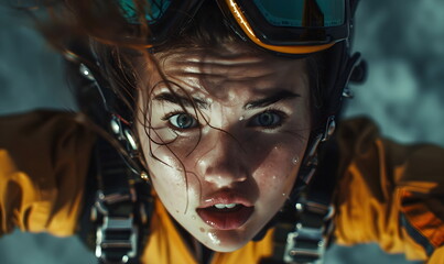 Close-up of a scared red-haired paratrooper girl with glasses and a yellow jacket. Flight from the sky in free fall onto a dark blue cloudy sky
