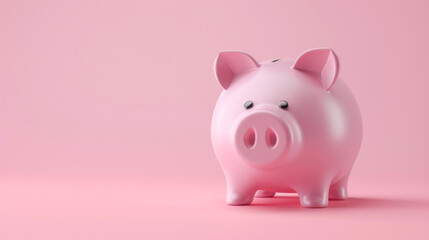 A fun looking piggy bank toy isolated on pink background with space for text