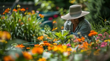 Person in sun hat gardens with trowel, colorful flowers around. Early morning brings person to garden, vibrant flowers in bloom.