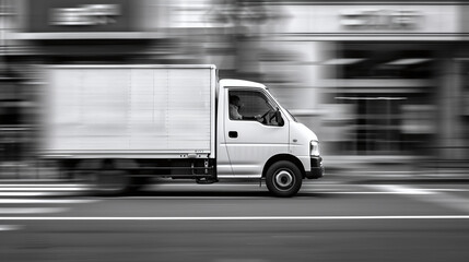 White Delivery Truck in Motion on Urban Road in Black and White 