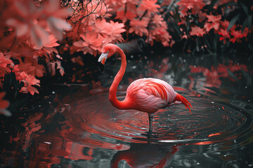 A pink flamingo gracefully standing in a shallow pink pond.