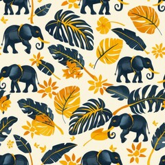Naklejka premium Simple Seamless Thailand Themed Pattern with Elephants and Tropical Foliage