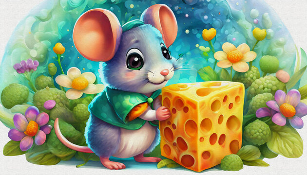 oil painting style CARTOON CHARACTER CUTE baby mouse and cheese isolated on white background, top view. side front,