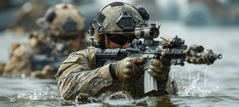 A USA Navy SEAL, half their height, participating in a naval special warfare mission, equipped for maritime operations.