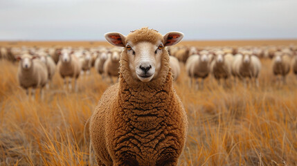 Obraz premium Flock of Sheep on Golden Field with Close Up of a Leading Ram