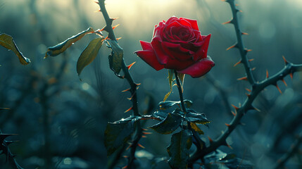 Vibrant Red Rose Glowing at Sunrise in Misty Blue Garden Setting