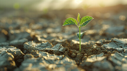 Young Green Plant Sprouting in Dry Cracked Soil at Sunrise Light