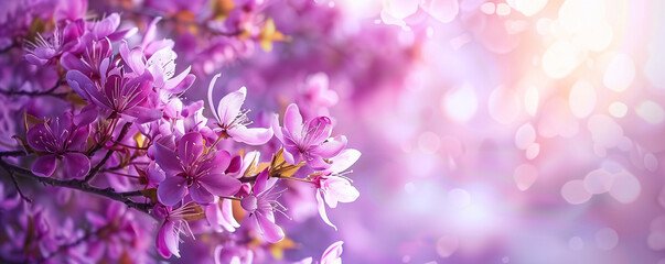 Purple spring blossom, panoramic view, floral card design, generated by AI