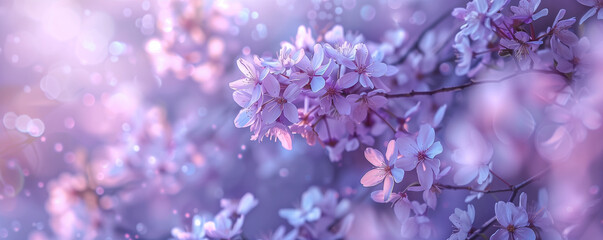 Purple spring blossom, panoramic view, floral card design, generated by AI