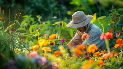 Person in sun hat gardens with trowel, colorful flowers around. Early morning brings person to garden, vibrant flowers in bloom.