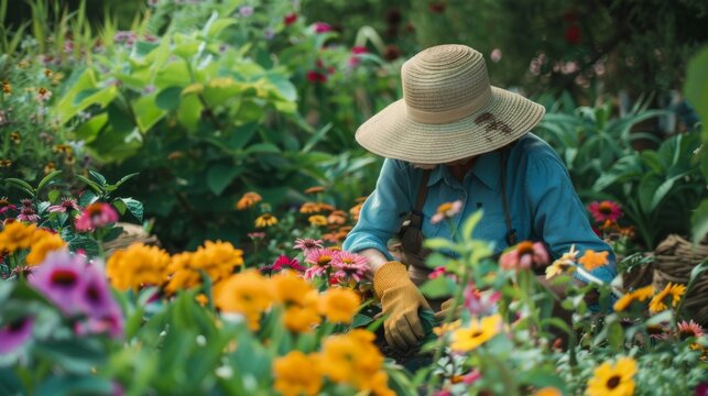 Person in sun hat gardens with trowel, colorful flowers around. Early morning brings person to garden, vibrant flowers in bloom.