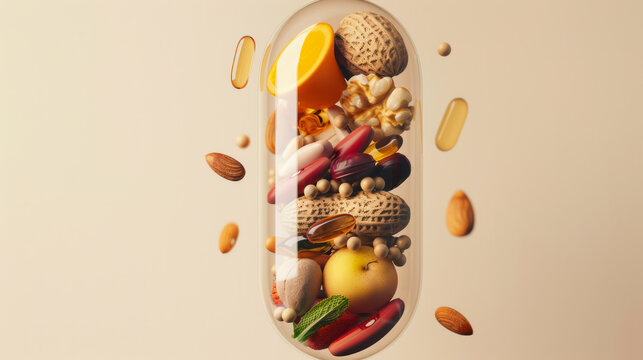conceptual capsule showing variety of natural and supplement nutrition