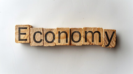 Wooden Block Letters Spelling Economy on Bright White Surface