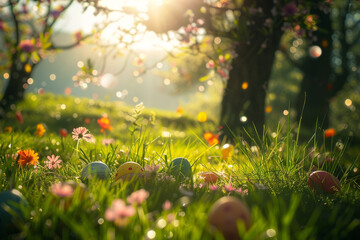 A sun-kissed meadow adorned with cheerful Easter decorations, a joyful sight to behold.