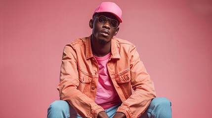 Obraz premium Stylish Young Black Man in Pink Cap and Orange Jacket on Pink Background