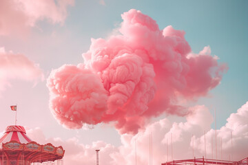 A pink cotton candy cloud floating above a pink carnival.