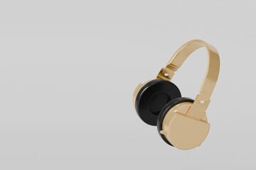 3d Wireless golden headphone floating icon isolated on white background. Minimal headphone golden color icon creative design. 3d render.