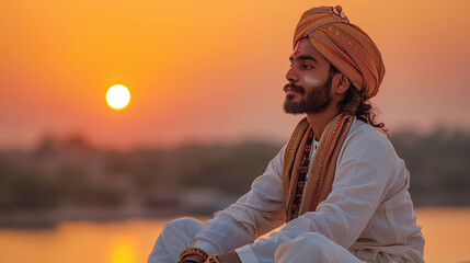 Indian Man in Traditional Turban Contemplating by Lake at Sunset