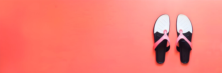 Flippers web banner. Flippers isolated on coral pink background with copy space.
