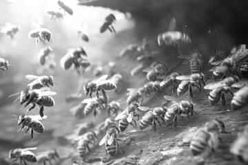 Black and white image of worker bees on the inside of a hive, background
