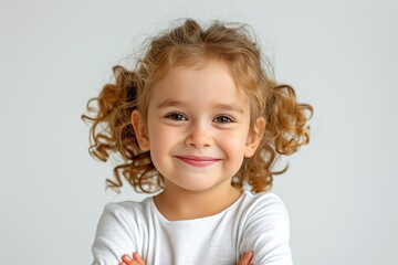 Smiling Girl Happy Portrait of a Children, White Background Studio Photo of Cheerful People Showing Emotion, Female Child Hair Fashion Clothing Model
