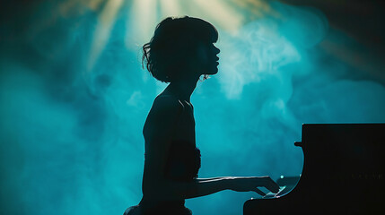 Silhouette of Young Woman Playing Piano in Moody Blue Light