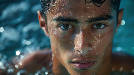 Close Up of Young Man in Water Highlighting Intense Gaze and Dewy Skin