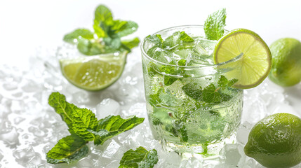 Fototapeta premium Refreshing Mojito Cocktail with Lime and Mint on Ice White Background