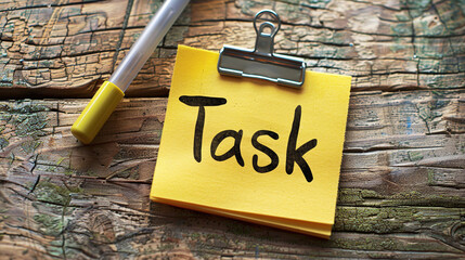 Yellow Post It Note with Task Written and Pen on Textured Wood Desk