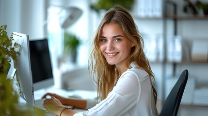 close-up of a young caucasian woman in white at a modern office, happy employee