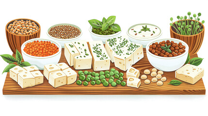 Assorted Vegan Protein Sources with Tofu Peas Lentils on Wooden Board