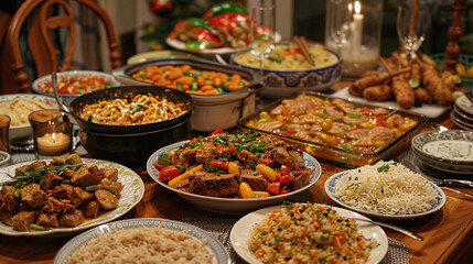 Festive Holiday Dinner Table Full of Delicious Dishes Perfect for Family Gathering