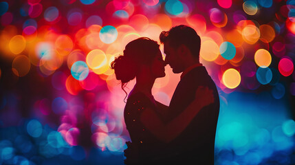 Silhouette Romantic Couple Embrace Against Vivid Bokeh Lights