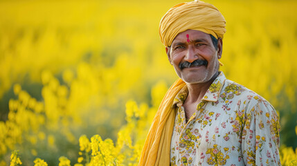 Indian farmer standing at mustard agriculture field