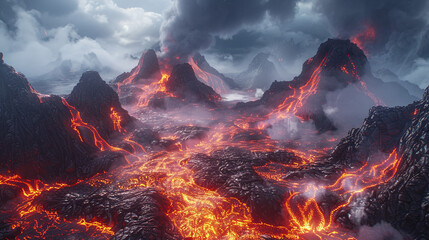 Fiery Volcanic Landscape with Molten Lava Flowing under Stormy Skies