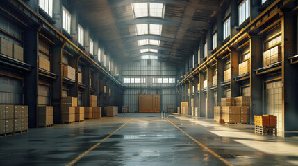 Fototapeta premium Interior, storage and warehouse with empty depot or facility for delivery, distribution or shipping. Inventory, stock and supply chain logistics with industrial plant for commercial wholesale